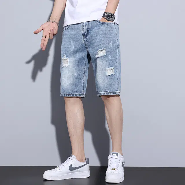 雅鹿 破洞美式宽松水洗耐磨休闲直筒牛仔短裤 男款 蓝色