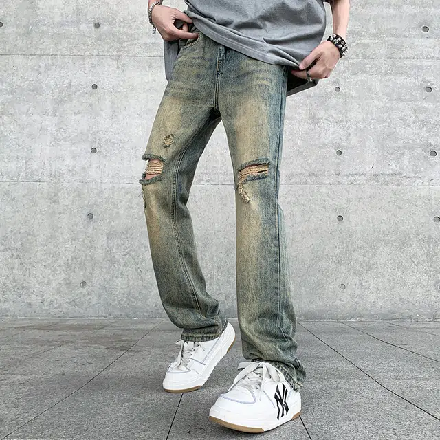 雅鹿 美式复古破洞百搭休闲水洗耐磨宽松直筒垂感牛仔裤 男款 泥黄