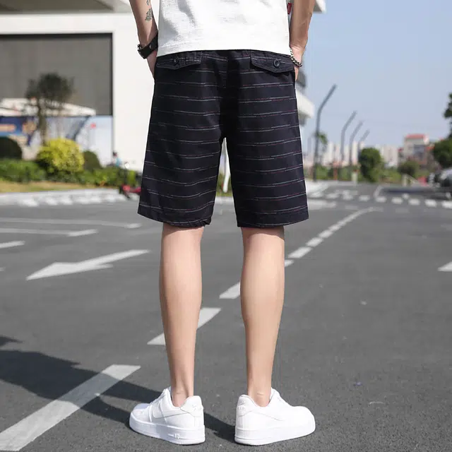 雅鹿 条纹纯棉百搭薄款宽松中腰潮牌简约沙滩裤运动五分休闲短裤 男款