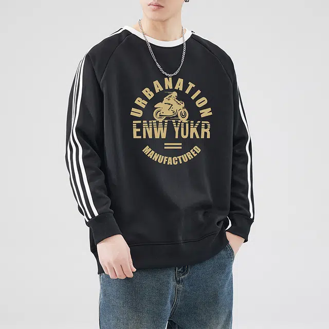 雅鹿 潮牌美式百搭休闲字母印花百搭圆领套头衫宽松条纹长袖卫衣 男款