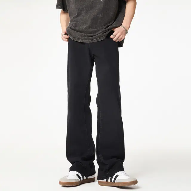 雅鹿 纯色拉链时尚百搭宽松阔腿微喇复古耐磨牛仔裤 男女同款