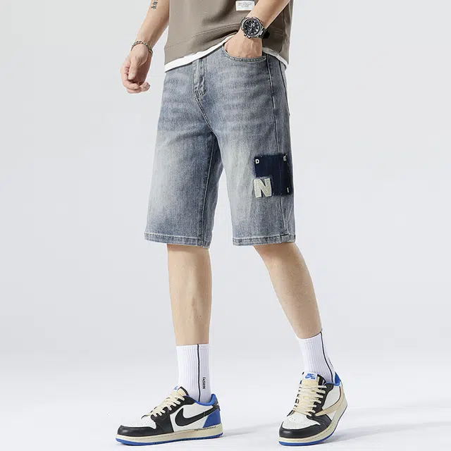 雅鹿 宽松潮牌百搭休闲字母印花水洗耐磨中腰牛仔短裤 男款 蓝色