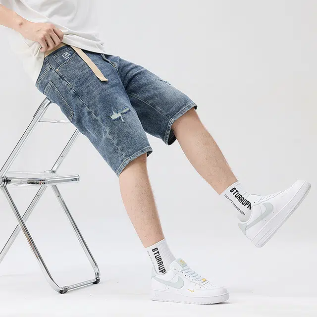 雅鹿 美式复古破洞百搭休闲宽松水洗直筒五分牛仔短裤 男款 蓝色