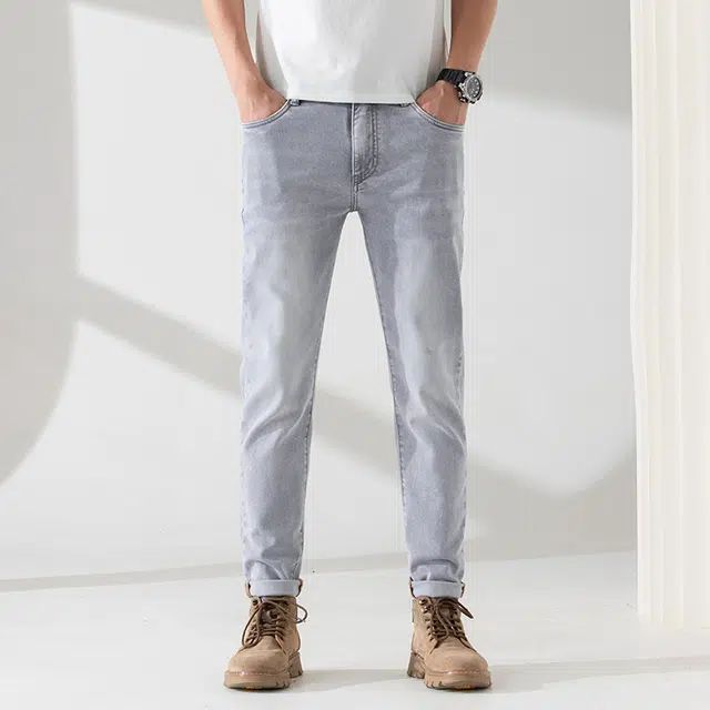 雅鹿 水洗耐磨百搭中腰拉链直筒修身休闲牛仔裤 男款 灰白