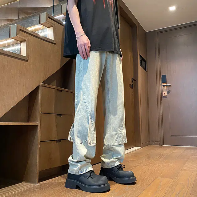 雅鹿 阔腿垂感宽松直筒百搭潮牌美式水洗复古耐磨休闲牛仔裤 男款