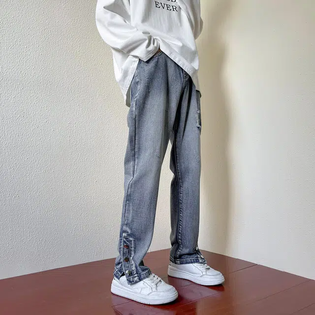雅鹿 美式复古宽松水洗破洞直筒阔腿休闲牛仔裤 男女同款