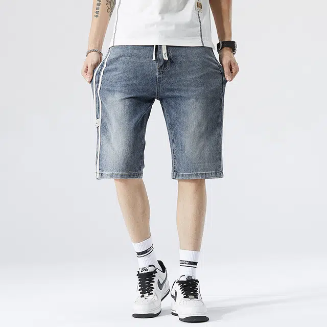 雅鹿 系带中腰时尚潮牌百搭水洗耐磨薄款高街五分牛仔短裤 男款 蓝灰
