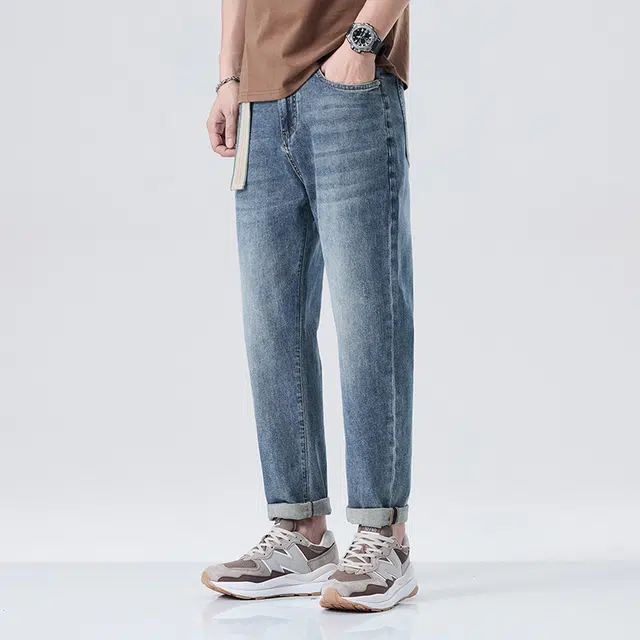 雅鹿 简约百搭水洗宽松直筒哈伦牛仔裤 男款 蓝色
