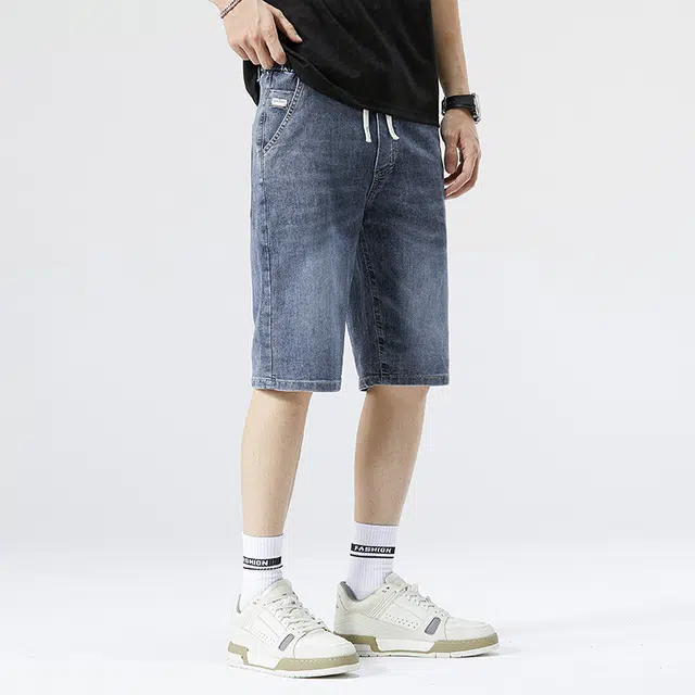雅鹿 百搭时尚宽松水洗耐磨美式复古五分裤牛仔短裤 男款 蓝色