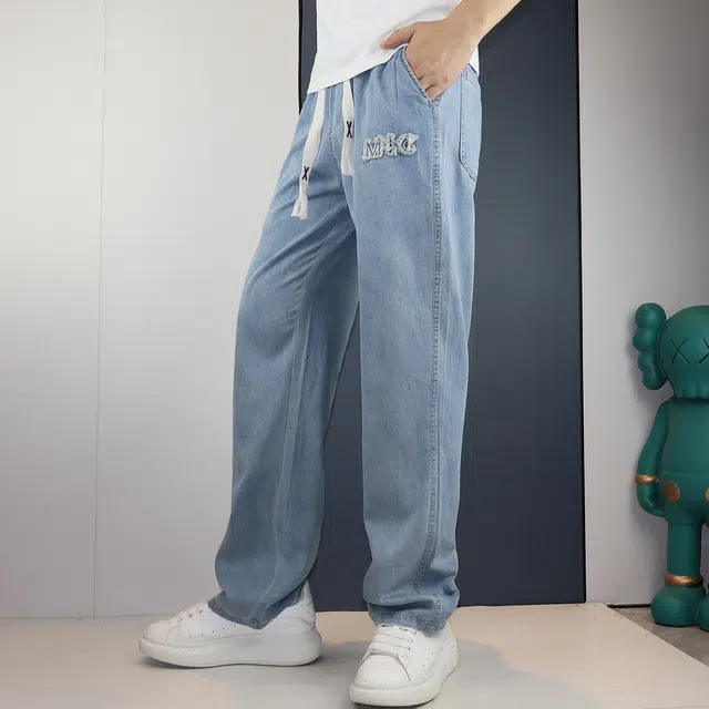 雅鹿 中腰宽松系带牛仔裤 男款 浅蓝