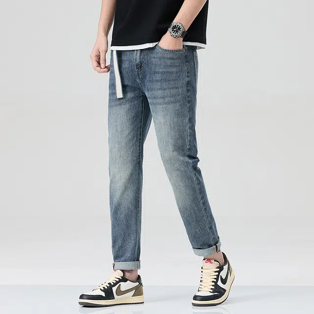 雅鹿 美式百搭直筒薄款弹力休闲耐磨牛仔裤 男款 蓝色