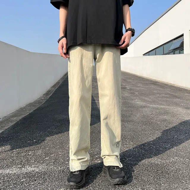 雅鹿 美式开叉直筒复古做旧耐磨水洗牛仔裤 男女同款 泥黄
