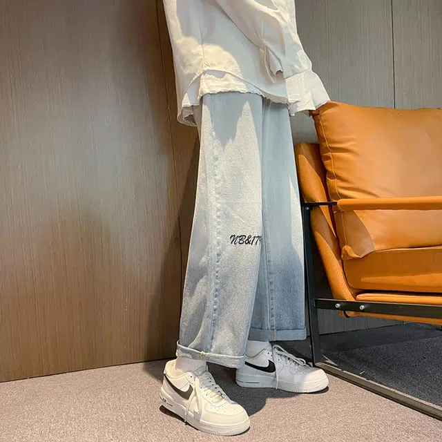 雅鹿 美式高街渐变宽松直筒阔腿休闲牛仔裤 男女同款