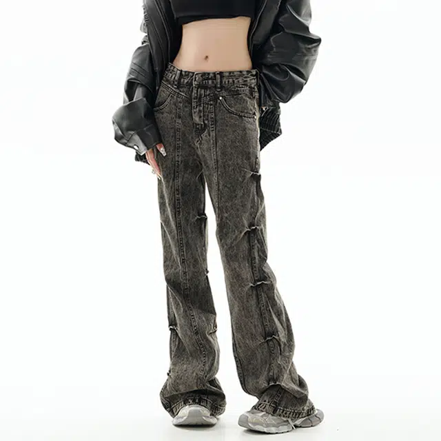 雅鹿 微喇潮牌做旧百搭休闲宽松阔腿水洗耐磨高腰牛仔裤 男女同款