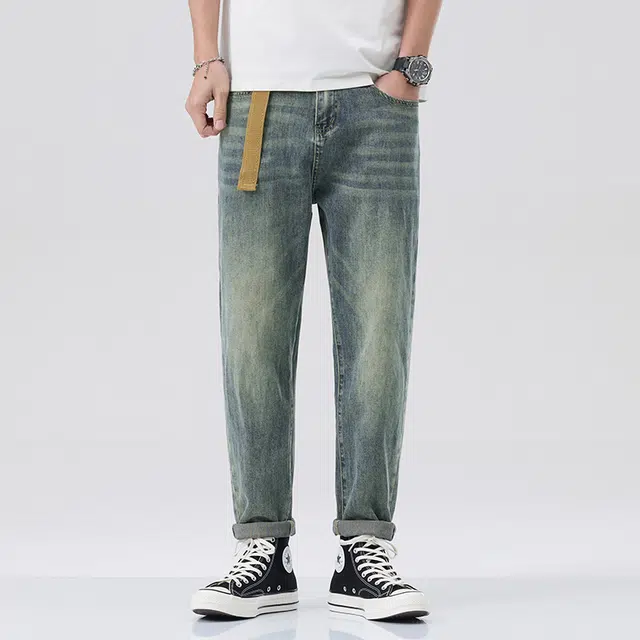 雅鹿 中腰修身百搭直筒九分牛仔裤 男款 蓝色