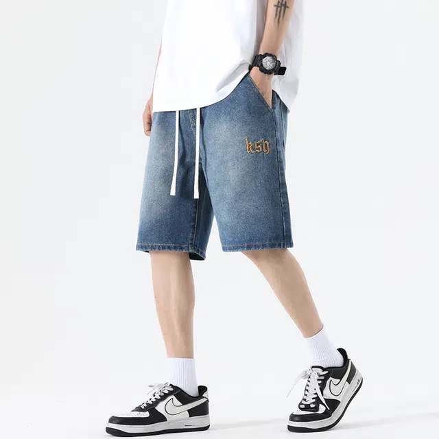 雅鹿 字母纯色松紧腰宽松百搭水洗耐磨休闲薄款牛仔短裤 男款