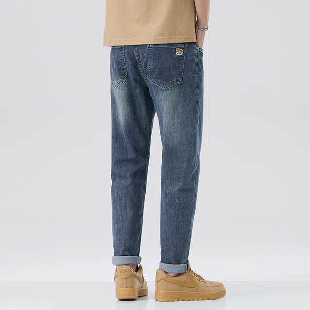 雅鹿 宽松休闲锥形九分中腰牛仔裤 男款 蓝色