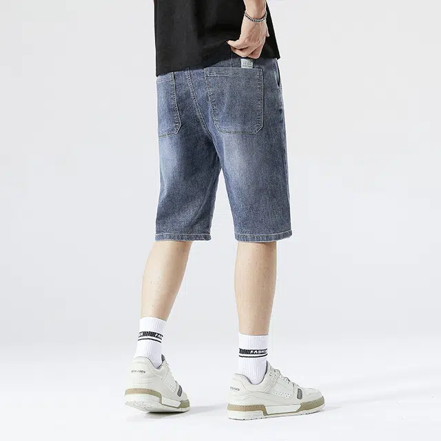 雅鹿 百搭时尚宽松水洗耐磨美式复古五分裤牛仔短裤 男款 蓝色