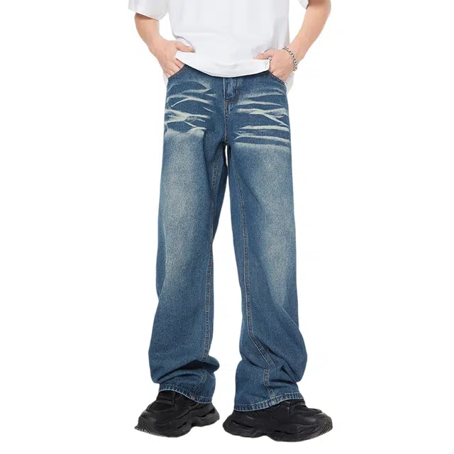 雅鹿 宽松水洗百搭美式高街复古休闲阔腿牛仔裤 男女同款 蓝色