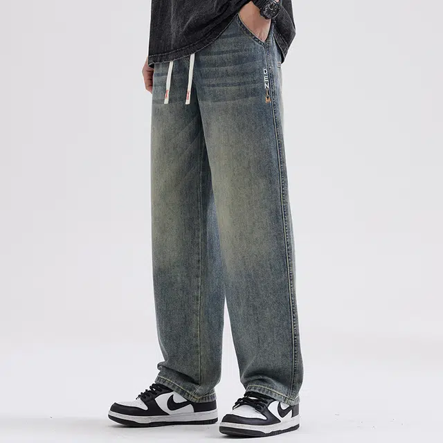 雅鹿 宽松直筒水洗耐磨中腰牛仔裤 男款 复古蓝