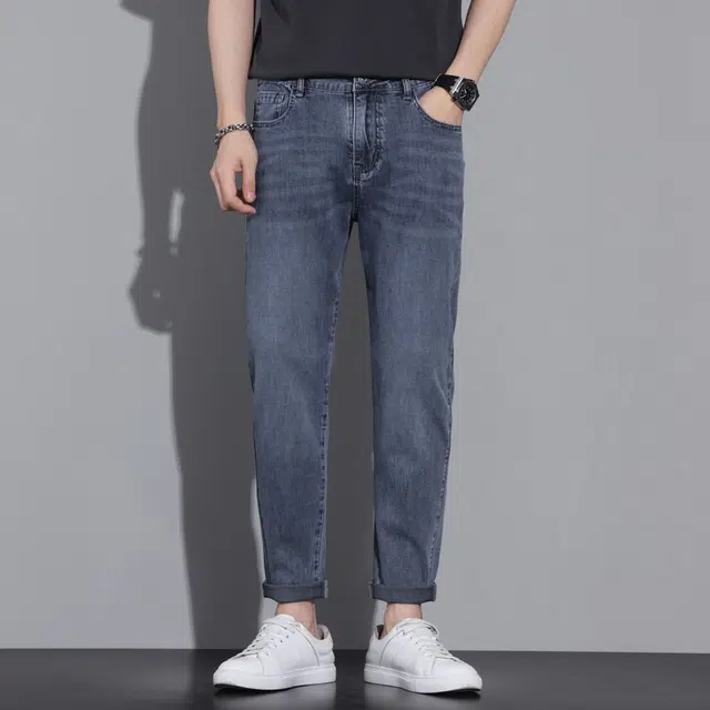 雅鹿 潮牌百搭休闲中腰潮牌直筒牛仔裤 男款 蓝色