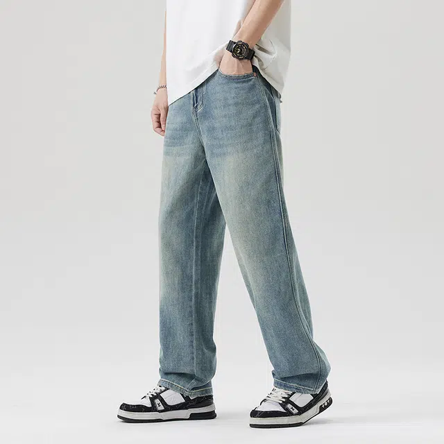 雅鹿 复古阔腿垂感百搭宽松直筒水洗做旧耐磨休闲牛仔裤 男款 蓝色