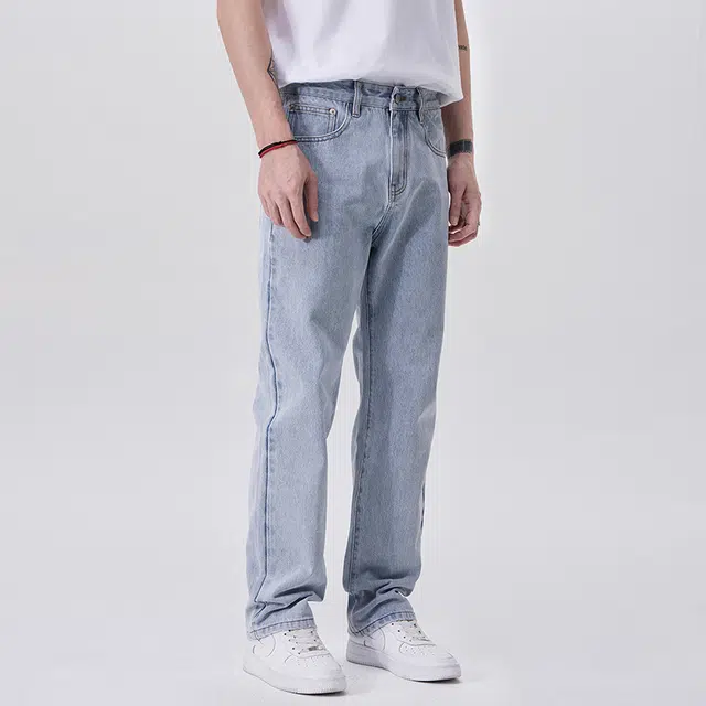 雅鹿 休闲水洗耐磨美式高街百搭宽松直筒牛仔裤 男款 晴空蓝