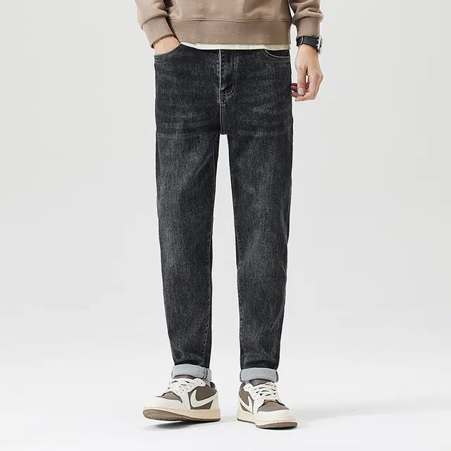 雅鹿 韩版修身直筒裤弹力时尚百搭牛仔裤 男款 黑灰