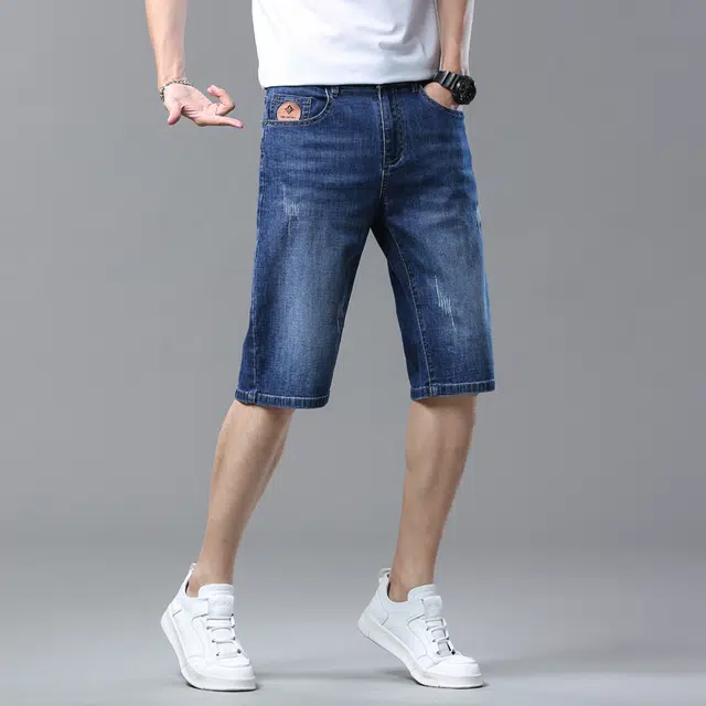 雅鹿 宽松阔腿中裤薄款休闲水洗耐磨百搭潮牌五分牛仔短裤 男款 蓝色