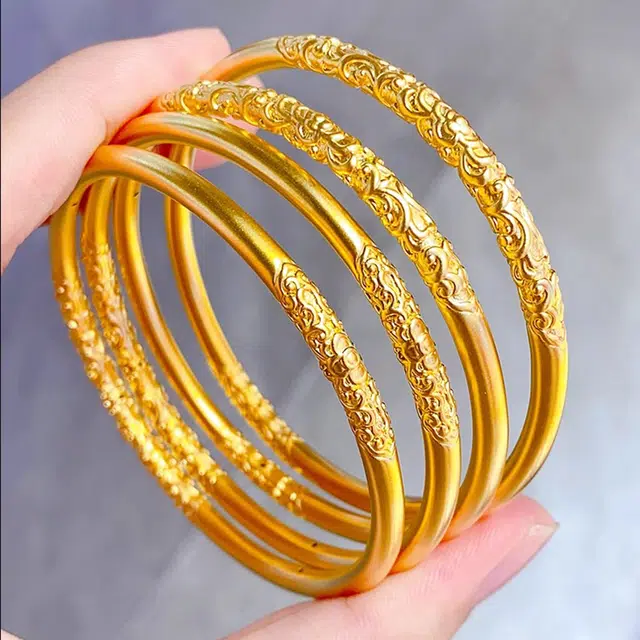 谧月珠宝 古法双边如意卷草纹 复古新中式 花纹花卉气质优雅 合金 手镯 女款