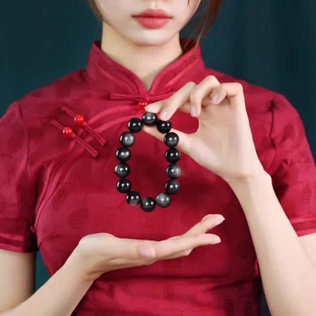 谧月珠宝 新中式国风系列银光圆珠手链国潮招财纳福转运珠大气高级感霸气酷潮精品小众手饰好运天然 黑曜石 手串 男女同款情侣款