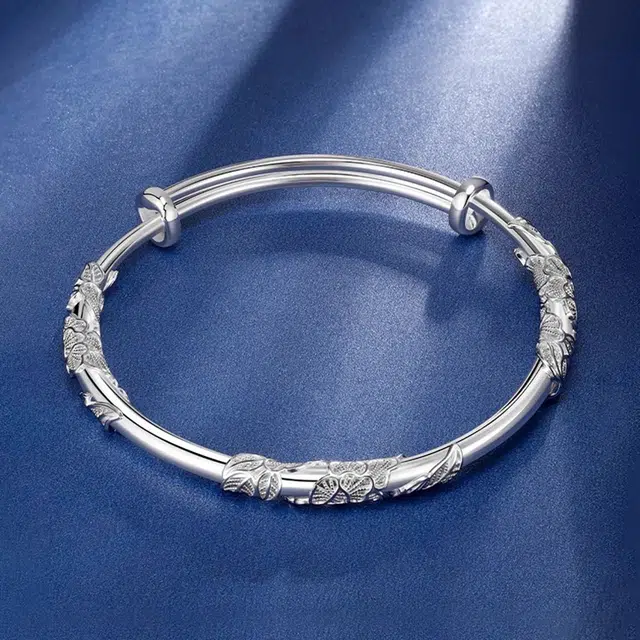 谧月珠宝 繁花似锦 推拉年轻  小众高级感 可调节素圈叠戴 实心简约 新中式小众高级感 国风雕刻轻奢古法 合金 手镯 女款