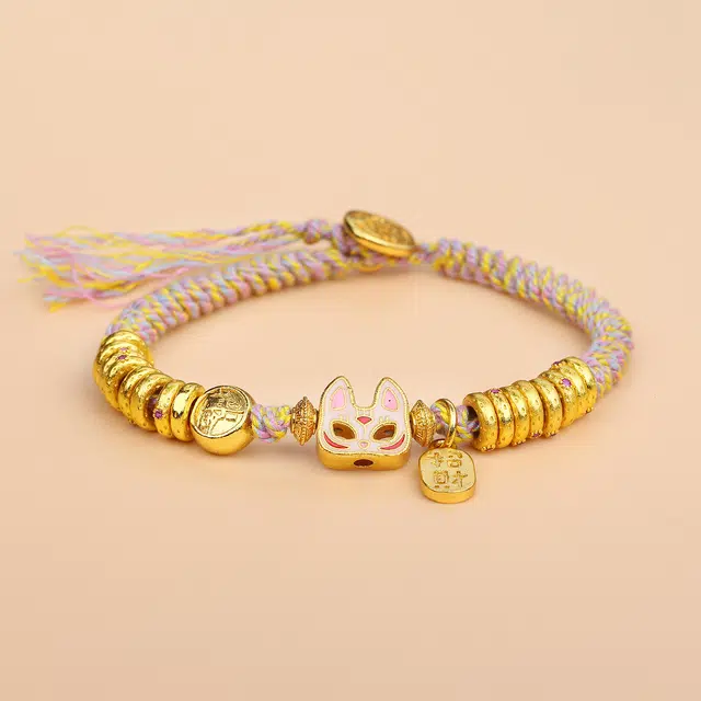 谧月珠宝 招财纳福 新中式国潮风小清新可爱精致小狐狸面具盘缠手工编织绳糖果色久不掉色百搭饰品好运 合金 手链 男女同款情侣款