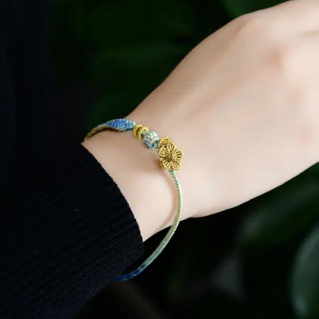 谧月珠宝 新中式国潮小众设计高级感国风小清新精美编织绳小桃花优雅大气可调节单圈百搭饰品好运 冰丝棉绳 手链 男女同款情侣款