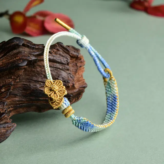 谧月珠宝 新中式国潮小众设计高级感国风小清新精美编织绳小桃花优雅大气可调节单圈百搭饰品好运 冰丝棉绳 手链 男女同款情侣款
