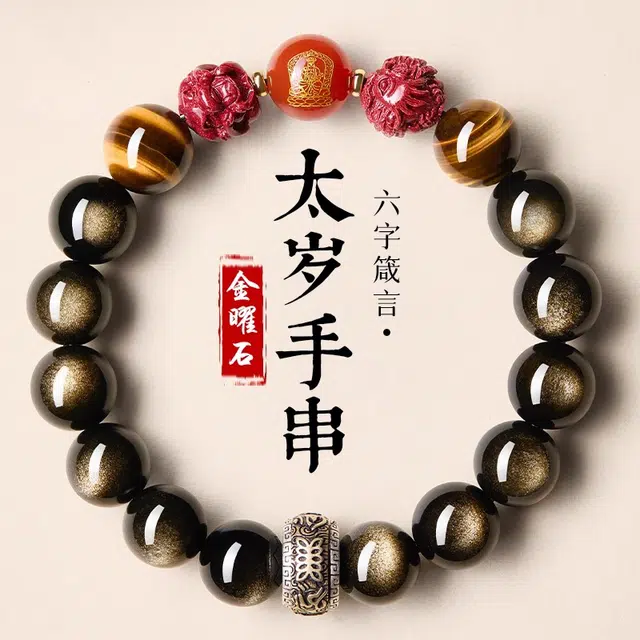 谧月珠宝 六字真言平安顺遂招财纳福新中式转运珠好运天然 黑曜石 手串 男女同款情侣款