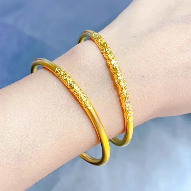 谧月珠宝 古法双边如意卷草纹 复古新中式 花纹花卉气质优雅 合金 手镯 女款