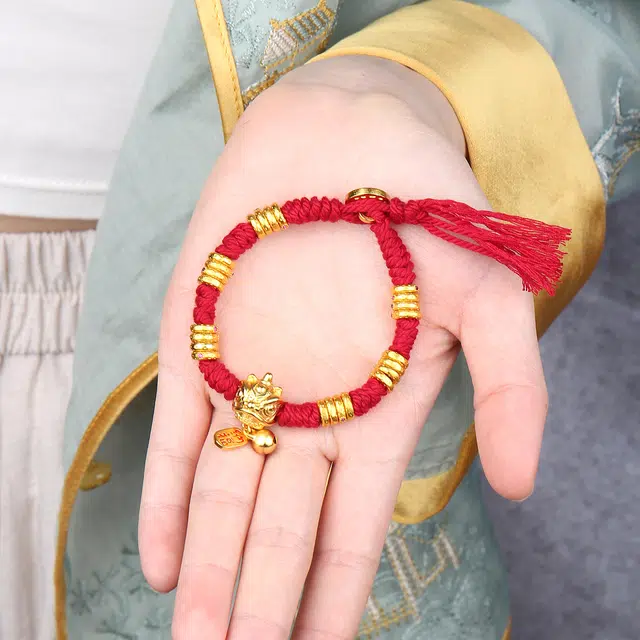 谧月珠宝 转运纳福 新中式国潮招财醒狮古法珐琅鎏金轻奢精致创意设计高级感手工编织红色百搭饰品好运 合金 手链 男女同款情侣款