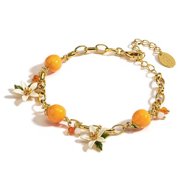谧月珠宝 柑橘晨曦果 桔祥如意精致高级感高档中国风 小众设计清新甜美可爱气质温柔优雅少女感栀子花手饰 合金 手链 女款