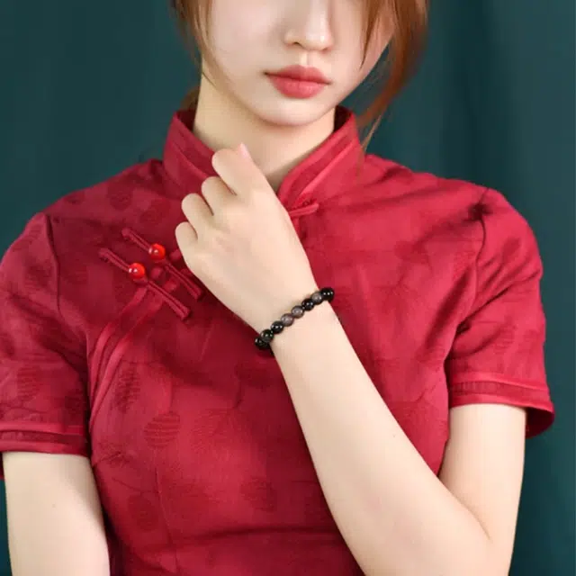 谧月珠宝 新中式国风系列银光圆珠手链国潮招财纳福转运珠大气高级感霸气酷潮精品小众手饰好运天然 黑曜石 手串 男女同款情侣款