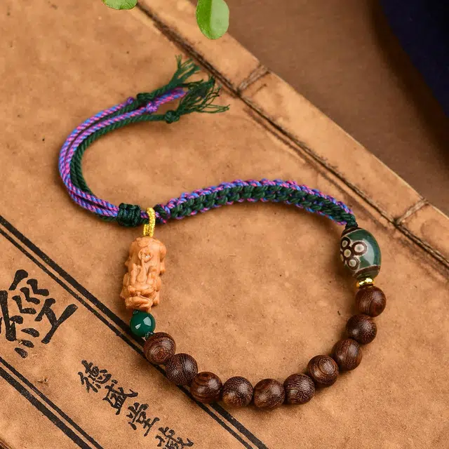 谧月珠宝 貔貅 新国风 转运珠编织 玛瑙 木作手链 男女同款情侣款 檀木