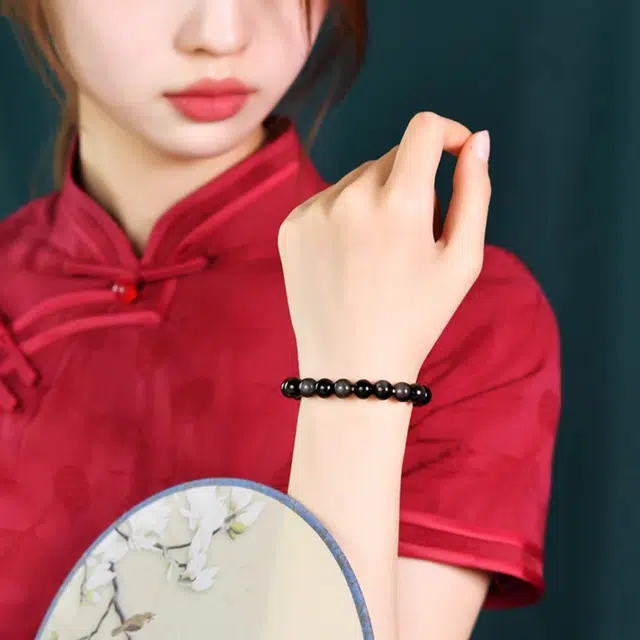 谧月珠宝 新中式国风系列银光圆珠手链国潮招财纳福转运珠大气高级感霸气酷潮精品小众手饰好运天然 黑曜石 手串 男女同款情侣款