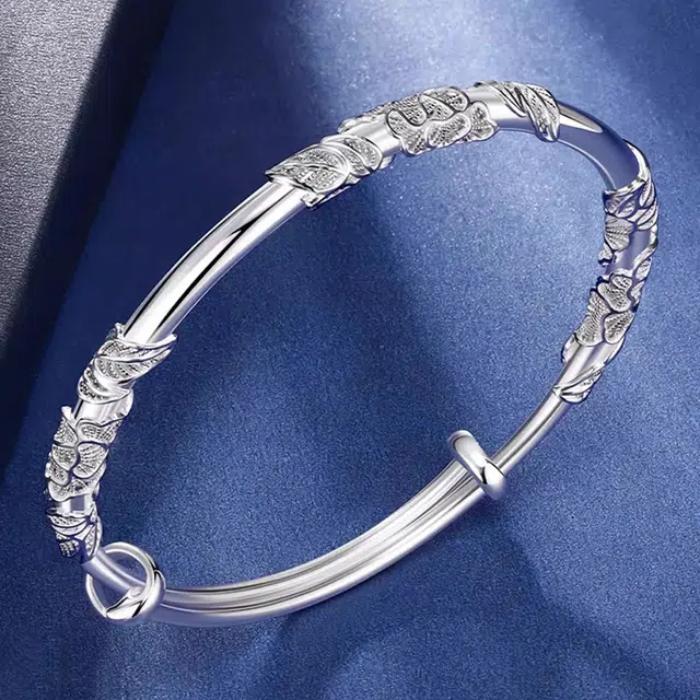 谧月珠宝 繁花似锦 推拉年轻  小众高级感 可调节素圈叠戴 实心简约 新中式小众高级感 国风雕刻轻奢古法 合金 手镯 女款