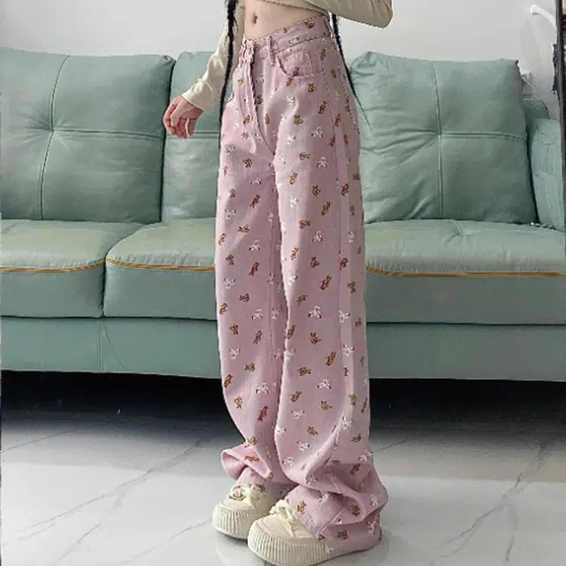 玉儿恋 甜美小个子印花可爱小熊宽松阔腿百搭碎花长裤高腰牛仔裤 女款