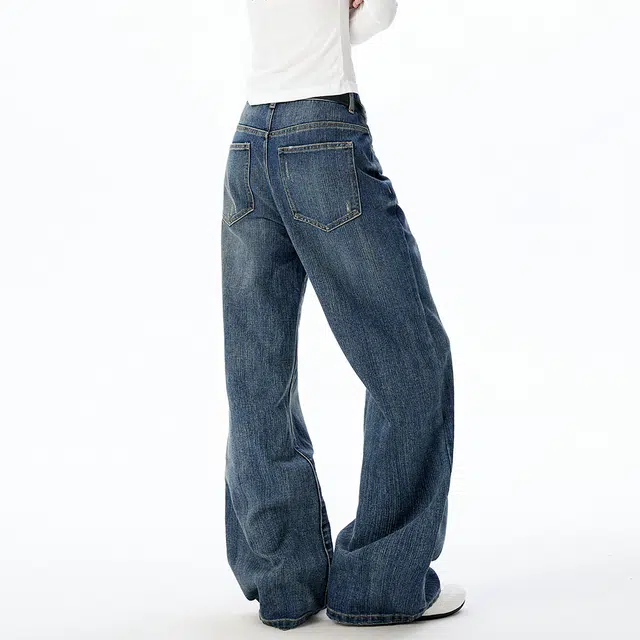 徐太浪 美式复古竹节设计感水洗做旧宽松慵懒风垂感拖地微喇直筒牛仔裤 男女同款