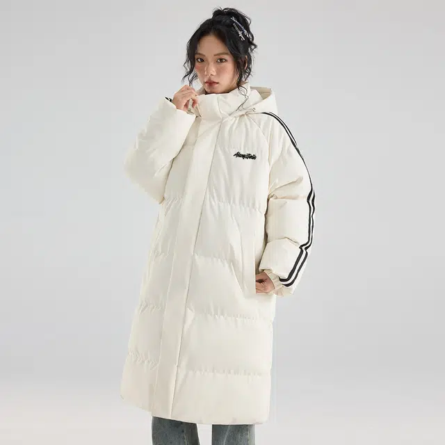徐太浪 美式中长款过膝保暖面包服侧边撞色条纹设计感加厚连帽上衣外套棉服 男女同款
