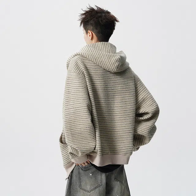 徐太浪 美式复古条纹连帽外套秋冬季宽松卫衣 男女同款