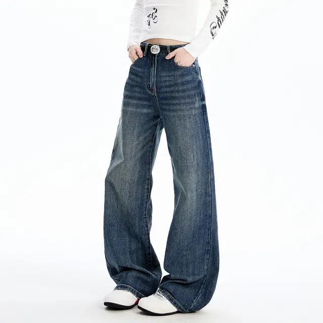 徐太浪 美式复古竹节设计感水洗做旧宽松慵懒风垂感拖地微喇直筒牛仔裤 男女同款