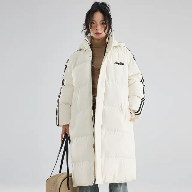 徐太浪 美式中长款过膝保暖面包服侧边撞色条纹设计感加厚连帽上衣外套棉服 男女同款