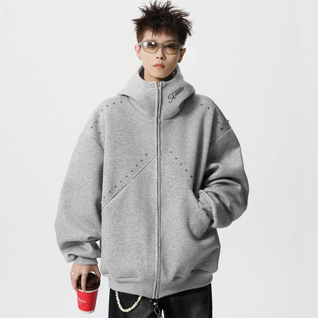 徐太浪 美式高街重磅铆钉设计感痞帅拼接连帽小众情侣开衫上衣外套休闲校园风卫衣 男女同款